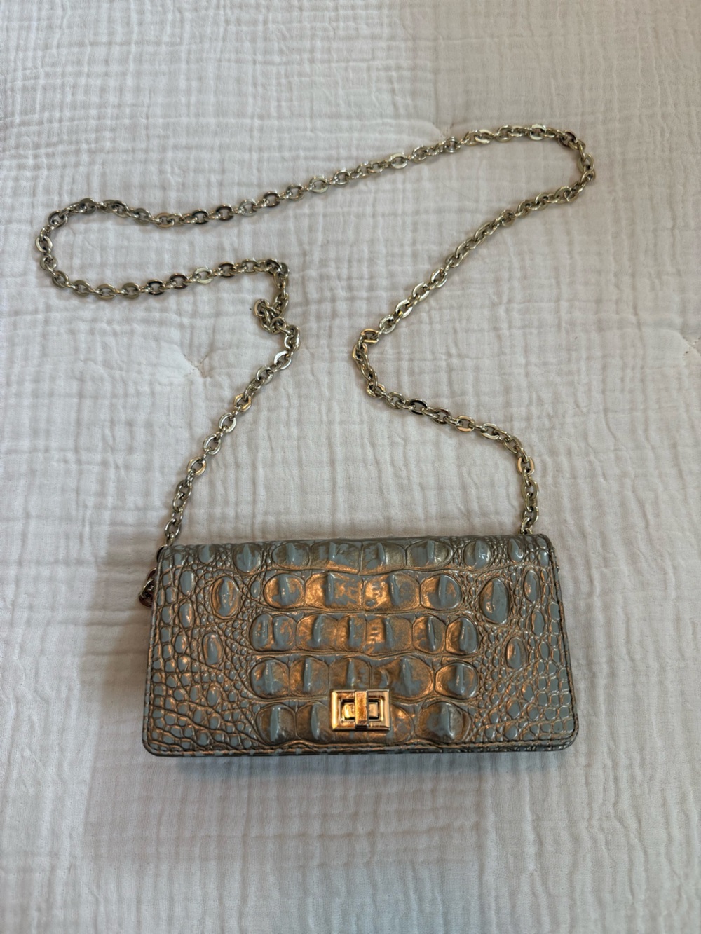 Brahmin Metallic Croc-Embossed Crossbody Wallet in Silver Taupe